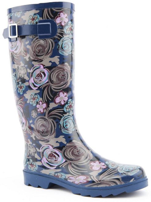 Image of Brantano Ladies Dark Floral Blue Wellington Boots - Blue