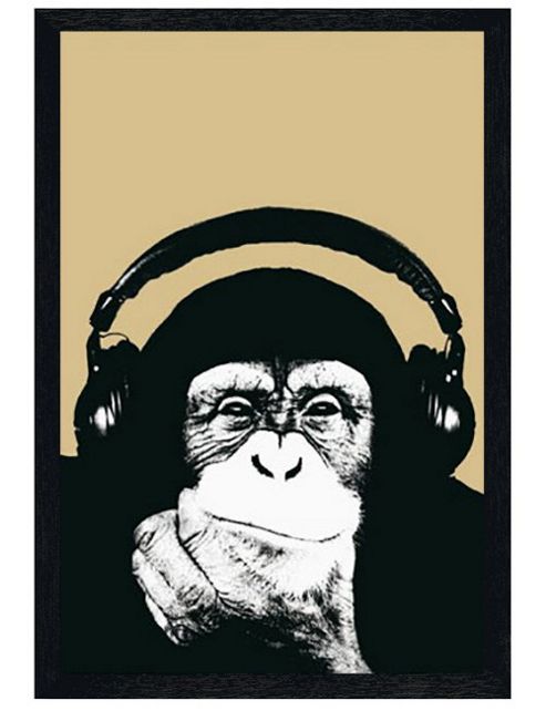 Image of Steez Black Wooden Framed Monkey With Headphones Poster