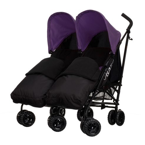 Image of Obaby Apollo Black & Grey Twin Stroller With 2 Black Footmuffs - Purple