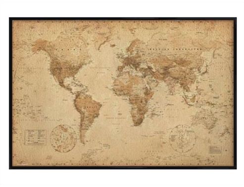 Image of Gloss Black Framed Antique Style World Map Poster
