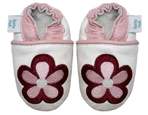 Image of Dotty Fish Soft Leather Baby Shoe - White And Pink Embroidered Flower - White