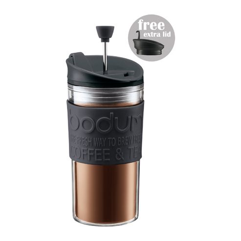 Image of Bodum Travel Press, Travel Mug With Extra Lid, Black 0.35l