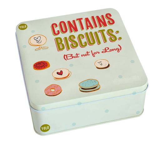 Image of Yolo Empty Biscuit Tin, 'contains Biscuits (but Not For Long)'