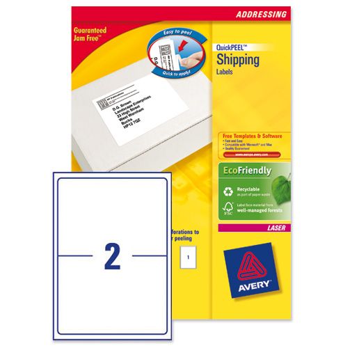 Image of Avery Addressing Labels Laser Jam-free 2 Per Sheet 199.6x143.5mm White Ref L7168-250 [500 Labels]
