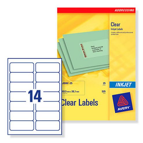 Image of Avery Clear Addressing Labels 14 Per Sheet 99.1x38.1mm Ref J8563-25 [350 Labels]