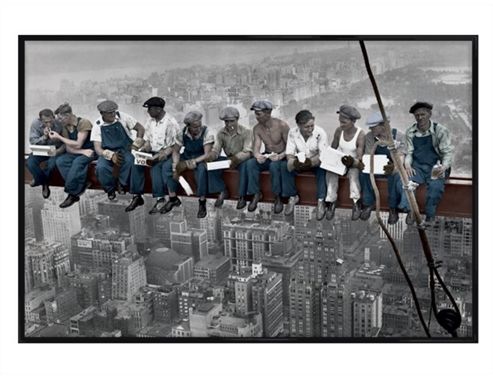 Image of Men On A Girder Gloss Black Framed Eating Lunch Above New York Poster