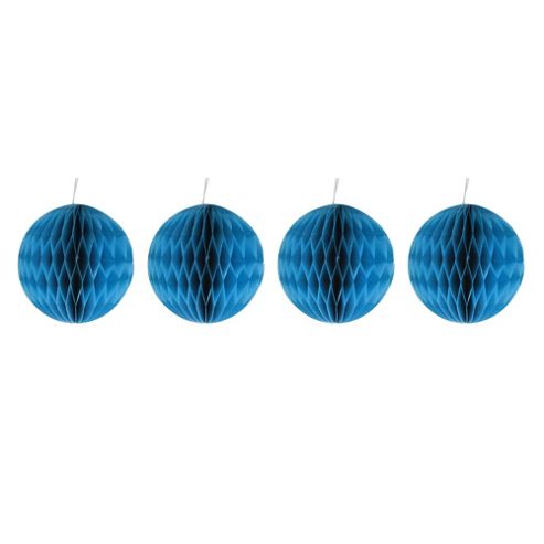 Image of Pack Of Four Blue 10cm Honeycomb Retro Pom Pom Decorations