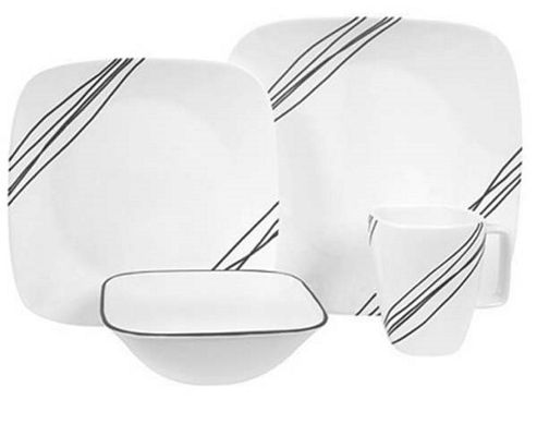 Image of Corelle Square Simple Sketch 16 Piece Vitrelle Glass Dinnerware Set