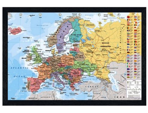 Image of Black Wooden Framed European Map With Flags Poster