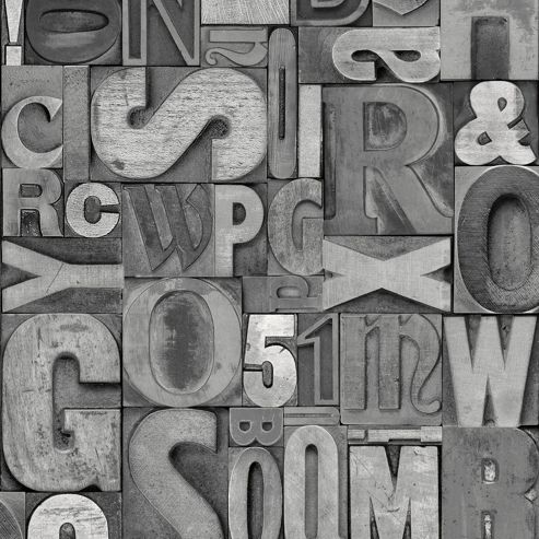 Image of Muriva Slate Letters Wallpaper - Grey