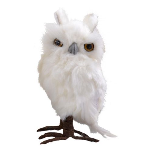 Image of Small Left Facing White Fluffy Feathered Owl Christmas Ornament