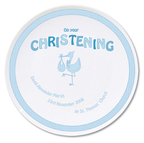 Image of Personalised Stork Baby Boy Blue Christening Plate