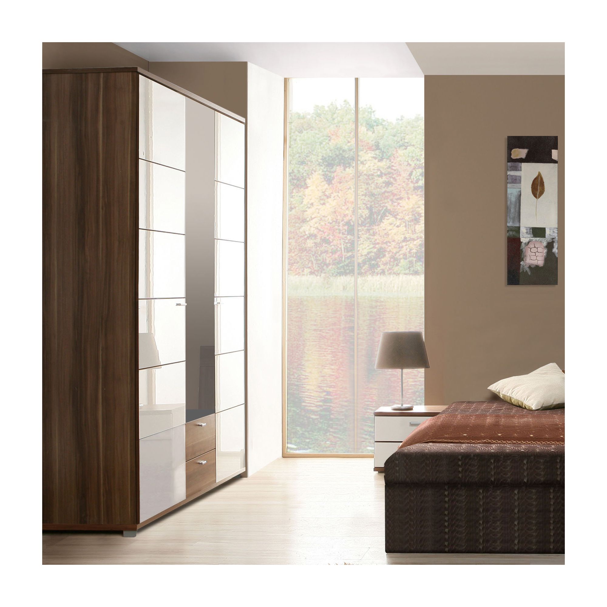 Ideal Furniture Anemone Triple Wardrobe with Mirror - Walnut White Gloss at Tesco Direct