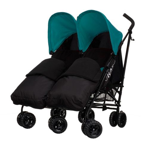 Image of Obaby Apollo Black & Grey Twin Stroller With 2 Black Footmuffs - Turquoise
