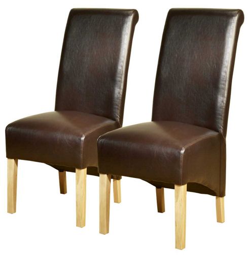 Image of Pair Of Pu Leather High Scroll Back Chairs In Brown