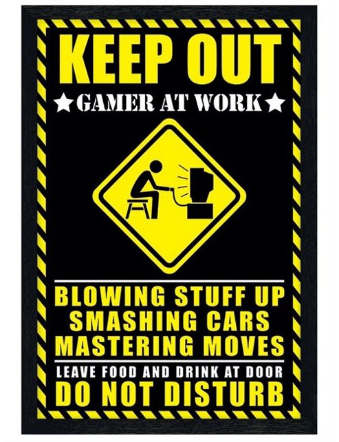 Image of Black Wooden Framed Warning Sign Gamer At Work Poster