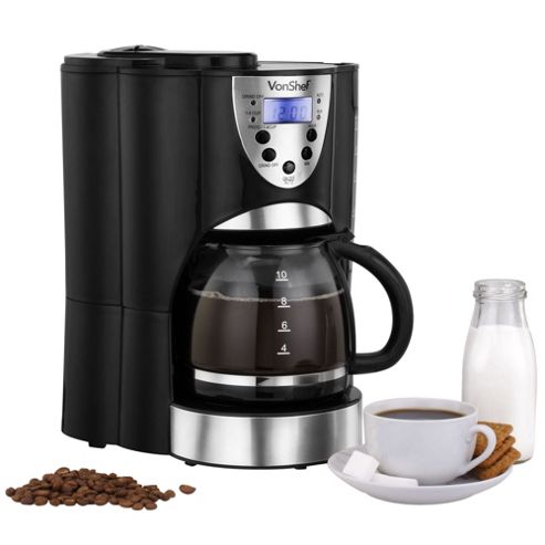 Buy VonShef 1000W Programmable Digital Filter Coffee Maker with Integrated Grinder and Reusable ...
