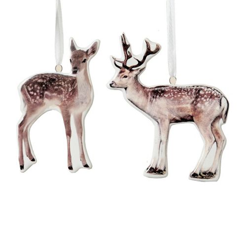 Image of Set Of Two Deer & Stag Print Ceramic Hanging Decorations