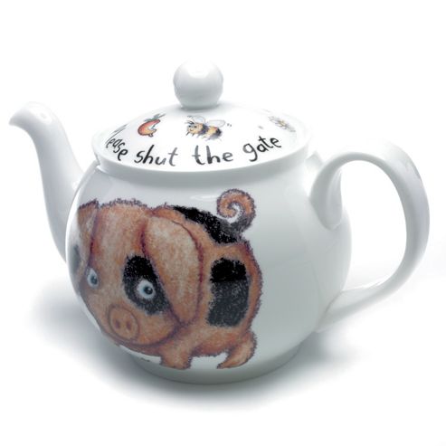 Image of Roy Kirkham Bone China 6 Cup Teapot, Please Shut The Gate, Pig Design