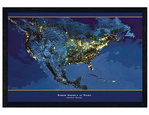Image of North America Black Wooden Framed Satellite Urbanization Image Map Poster