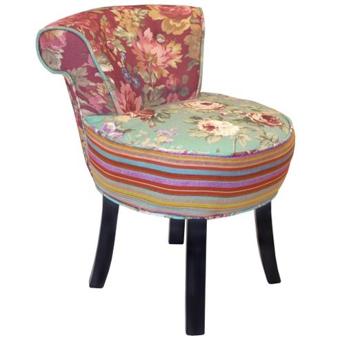 Image of Roses - Shabby Chic Stool / Fan Back Chair With Wood Legs - Multi-coloured