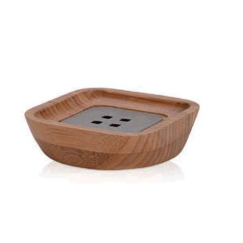 Image of M--ve Bamboo Square Soap Dish In Wood / Stainless Steel (set Of 2)