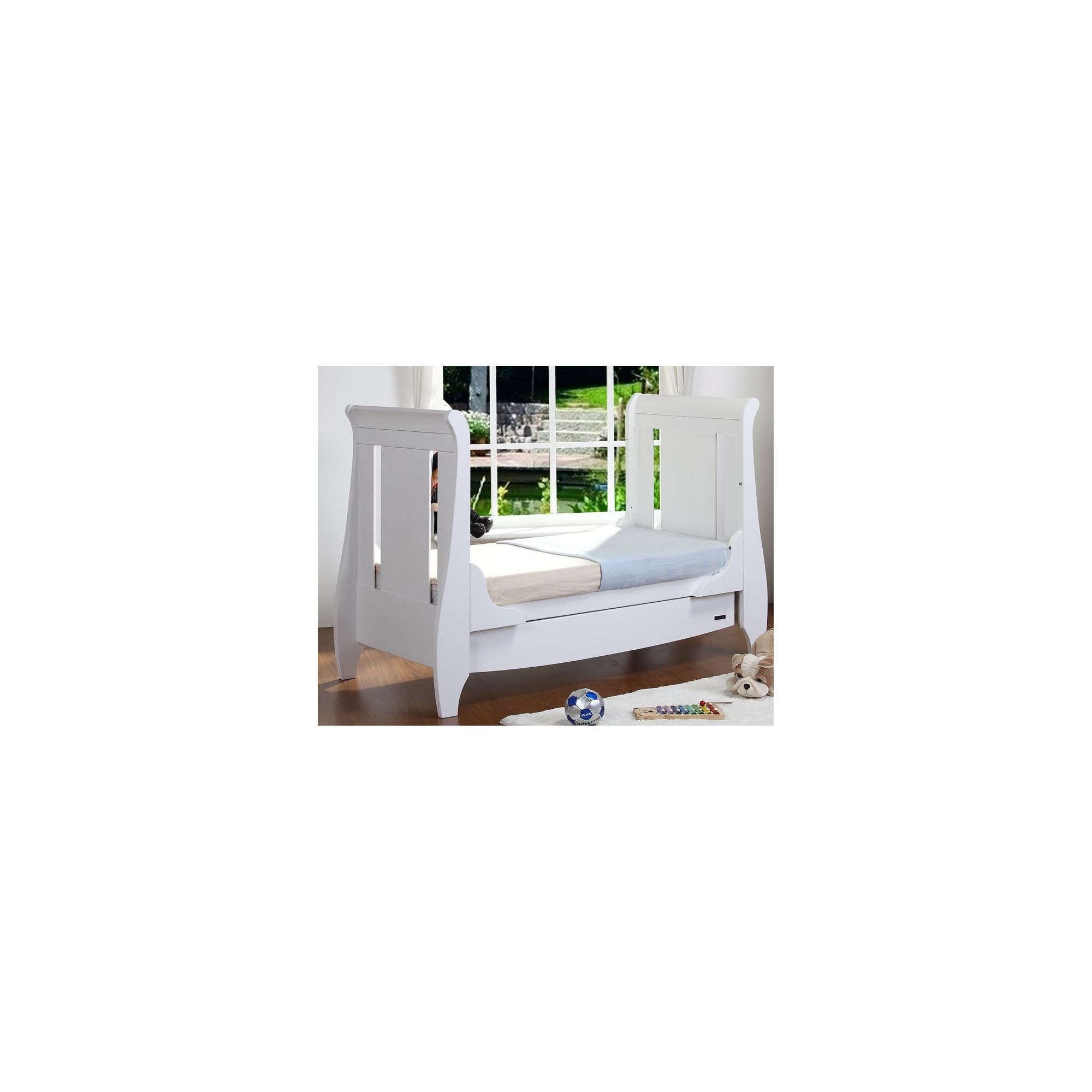 Tutti Bambini Lucas Sleigh Dropside Cot Bed with Drawer in White at Tesco Direct