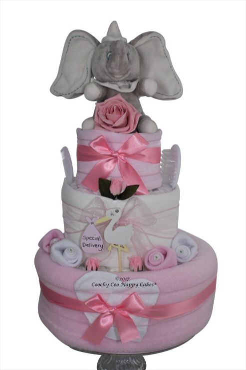 Image of Baby Girl Gift Dumbo Elephant Nappy Cake (three Tier)