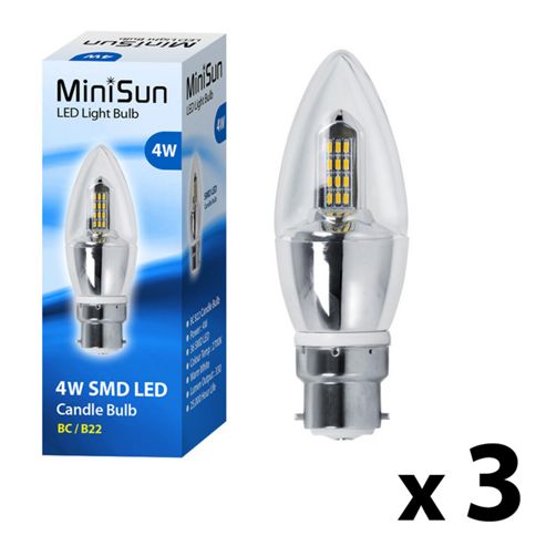 Image of Pack Of Three Minisun Bc B22 4w Smd Led Candle Bulbs Warm White