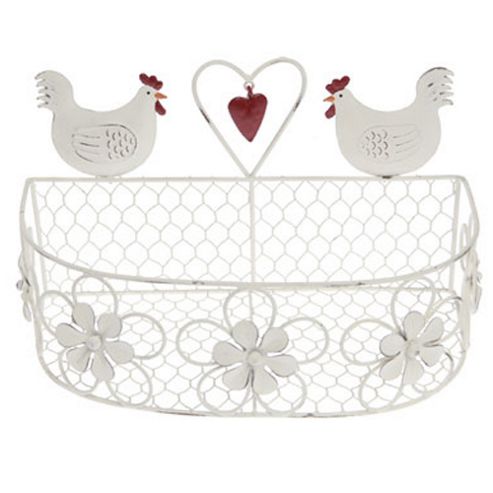 Image of Hen - Decorative Metal Wire Storage Basket - White / Red