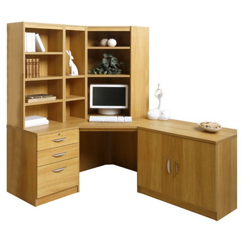 Image of Enduro Home Office Corner Desk / Workstation With Pedestal, Cupboard And Bookshelves - Walnut