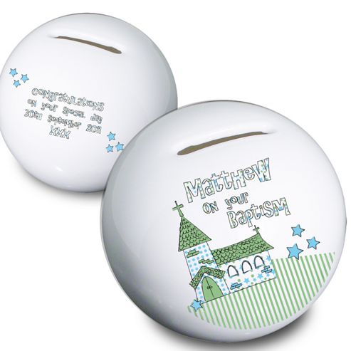 Image of Personalised Blue Whimsical Church Money Box