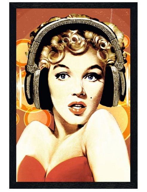 Image of Marilyn Monroe Black Wooden Framed Marilyn Headphones Poster