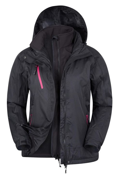 Image of Bracken Womens 3 In 1 Softshell Detachable Inner Waterproof Hooded Jacket Coat - Black