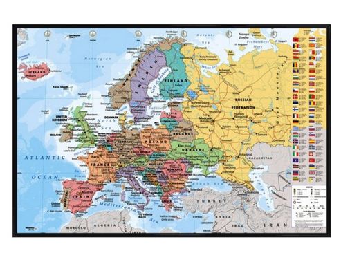 Image of Gloss Black Framed European Map With Flags Poster