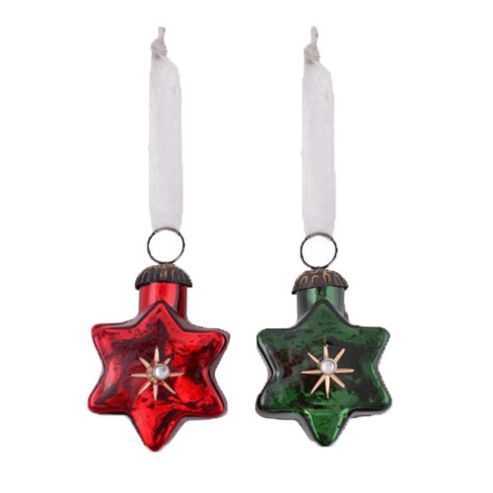 Image of Set Of Two Star Shaped Glass Christmas Baubles In Red & Green