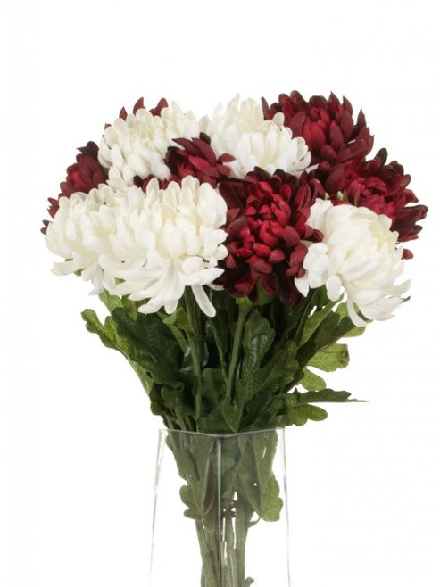 Image of Artificial 55cm Single Stem Double Headed Chrysanthemums X 12 (6 X White And 6 X Burgundy)