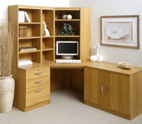 Image of Enduro Home Office Corner Desk / Workstation With Pedestal, Cupboard And Bookshelves - Teak