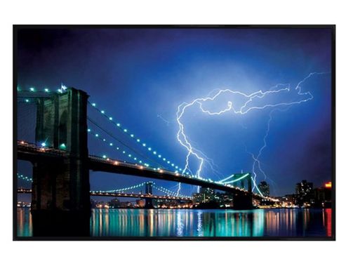 Image of New York City Gloss Black Framed Lightning Over The Brooklyn Bridge Poster