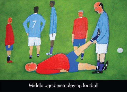 Image of Holy Mackerel Middle Aged Men Playing Football Greetings Card