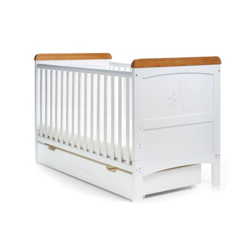 Image of Disney Winnie The Pooh Cot Bed & Under Drawer - White With Pine Trim