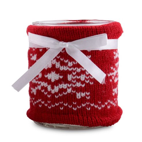 Image of Large Red Knitted Christmas Pattern Covered Glass Tealight Holder