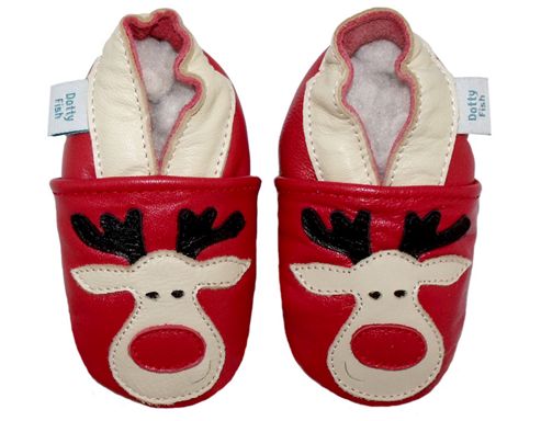 Image of Dotty Fish Soft Leather Baby Shoe - Red Rudolph The Reindeer For Christmas - Red