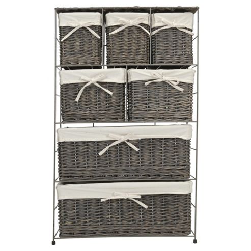 Image of Tesco Wicker Fabric Lined 7 Drawer Tower, Grey