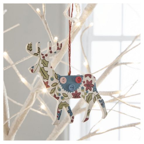 Image of Gisela Graham Wooden Reindeer Floral Design Hanging Decoration