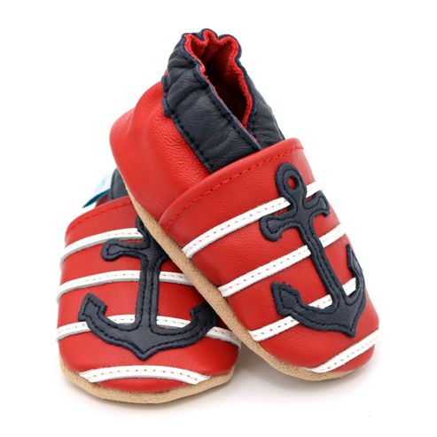 Image of Dotty Fish Soft Leather Baby Shoe - Red And Navy Anchor - Red