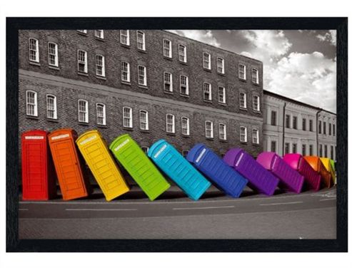 Image of Images Of London Black Wooden Framed Multicoloured Falling Phoneboxes Poster