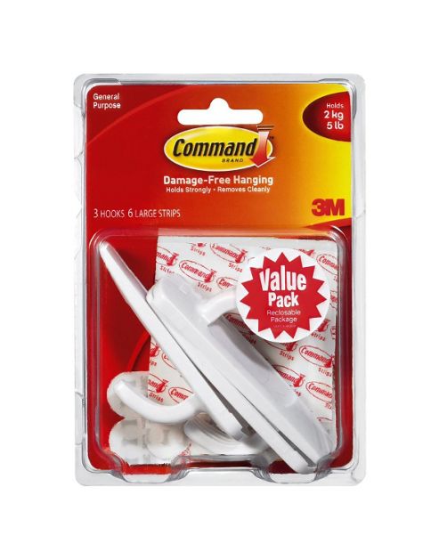 Image of Adhesive Hook Value Pack, Large, Holds 5-lb, White, 3/pack