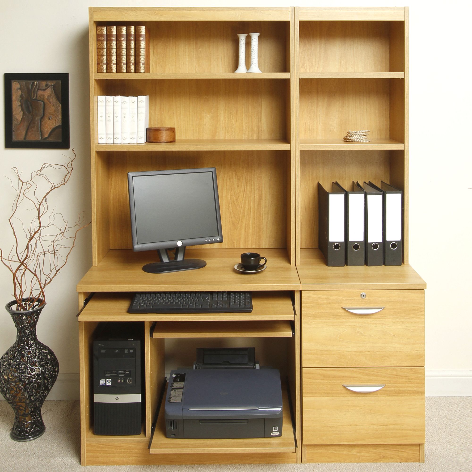 Enduro Home Office Desk / Workstation with Pedestal, Printer / CPU Storage and Inbuilt Bookshelves - Warm Oak at Tesco Direct