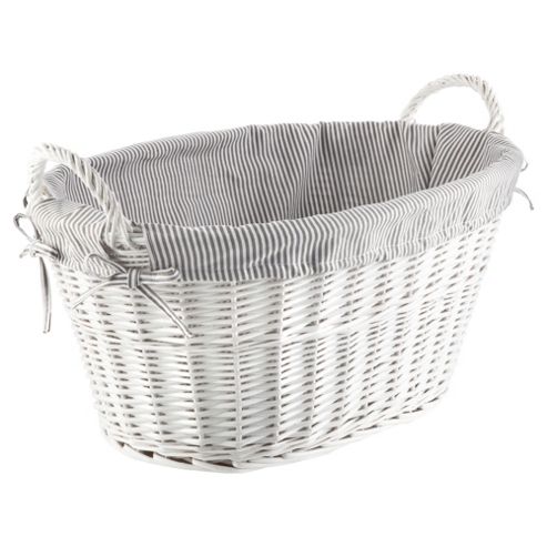 Image of Tesco Wicker Laundry Basket, Grey Stripe Fabric Lined, White